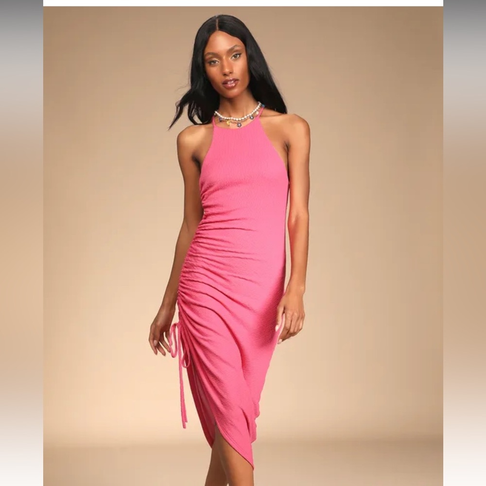 NWT Lulu’s - Break the Rules Pink Ruched Midi Dress - XS [BARBIECORE]